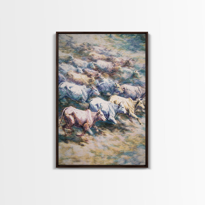 Colorful Running Cattle Herd Across Open Range, Wall Art, African Animal Art, Safari Decor, Textured Painting On Canvas Print