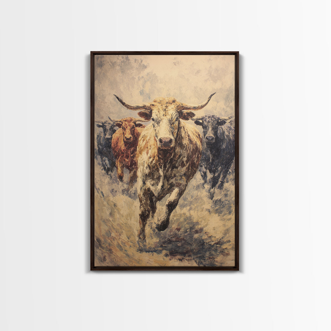 Powerful Longhorn Bull Herd Charging Forward, Framed Canvas Print, African Safari Wall Art, Rustic Animal Decor Gift For Him