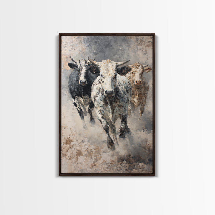 Charging Longhorn Cattle Framed Canvas Print, Western Animal Wall Art, Rustic Farmhouse Decor, Bold Living Room Painting