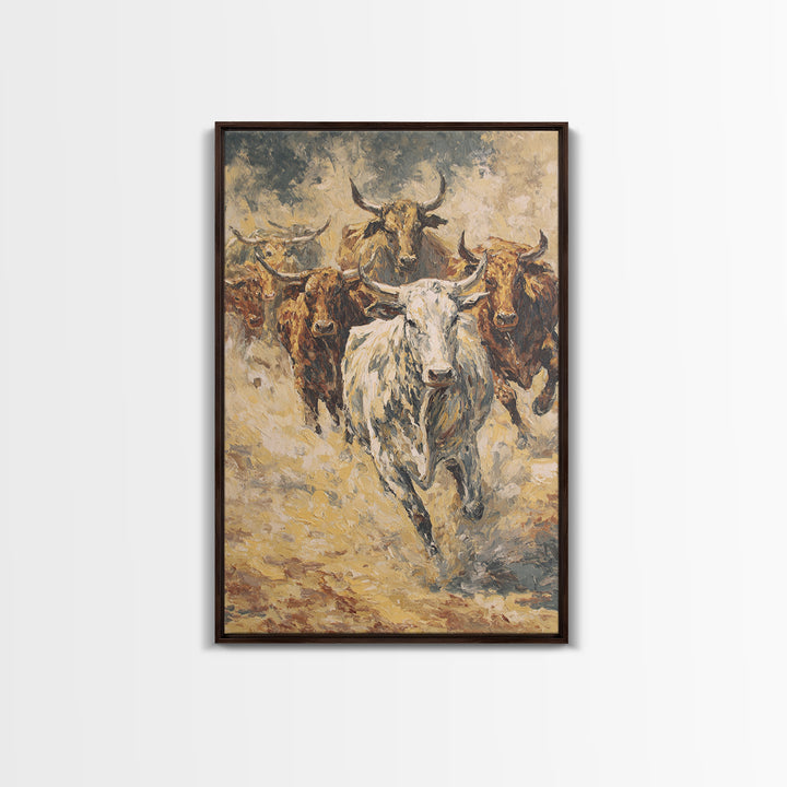 Textured Longhorn Herd Canvas Print, Western Bull Wall Art, Rustic Ranch Decor, Farmhouse Living Room Art, Earth Tone Painting