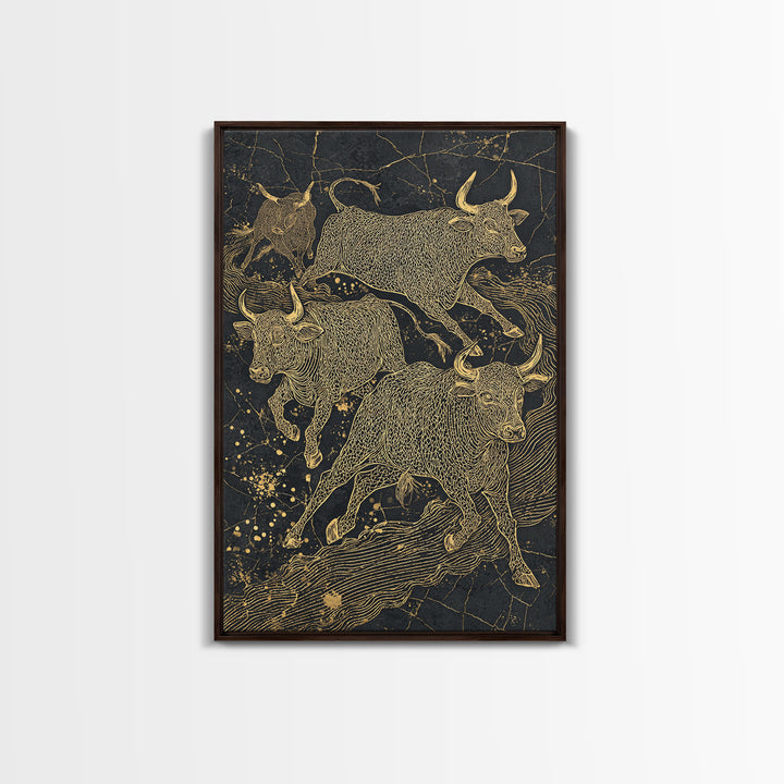 Gold Line Bulls On Black Wall Art, Modern Animal Canvas Print, Luxury Ranch Decor, Masculine Office Art, Bold Statement Piece