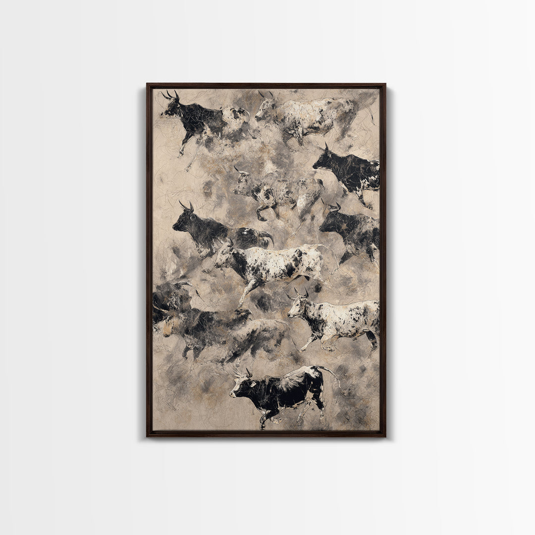 Monochrome Cattle Collage Wall Art, Abstract Animal Canvas Print, Rustic Neutral Decor, Black And White Art, Gallery Poster