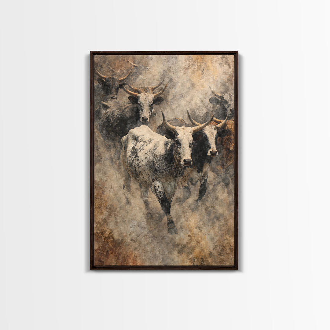 Dusty Longhorn Herd Framed Canvas Print, Western Bull Wall Art, Rustic Farmhouse Decor, Earth Tone Living Room Painting Gift