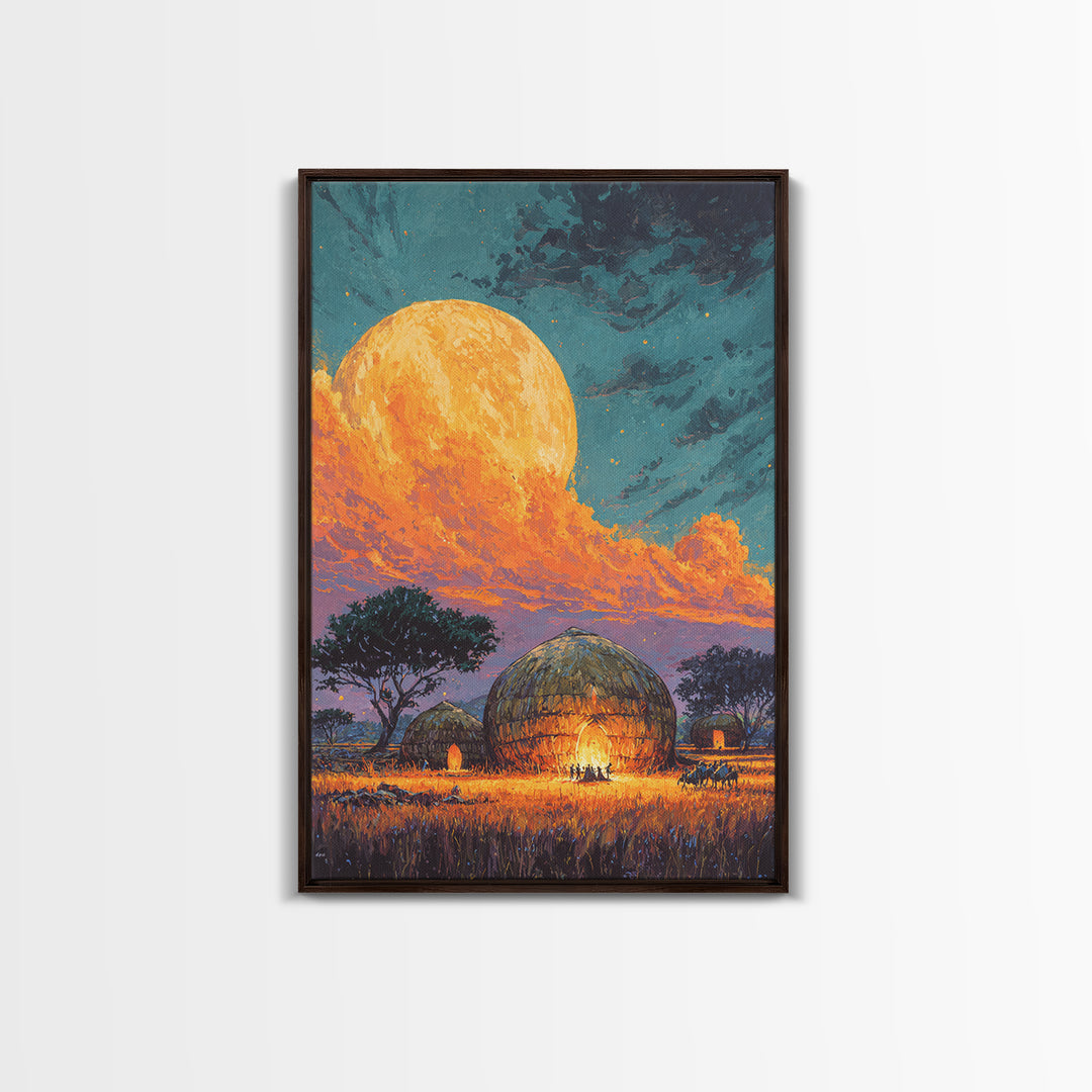 Full Moon African Hut Village Canvas Print, Serengeti Night Landscape, Safari Decor, African Inspired Wall Decor, Nature Scene Art