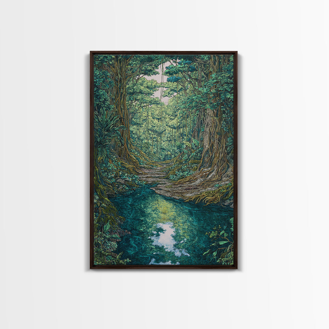 Rainforest River Path Framed Canvas Print, Ancient Jungle Roots, Green Nature Scene Art, Boho Wall Decor, Unique Home Decor