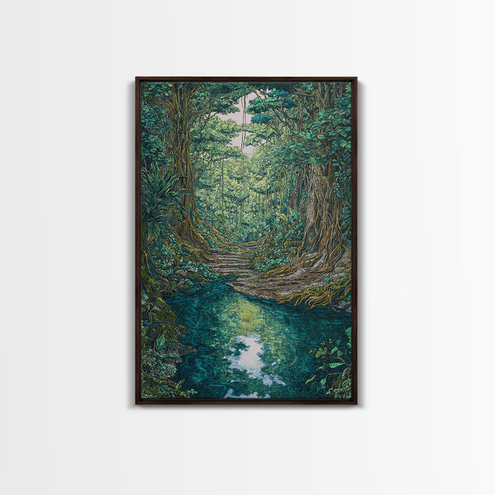 Rainforest River Path Framed Canvas Print, Ancient Jungle Roots, Green Nature Scene Art, Boho Wall Decor, Unique Home Decor