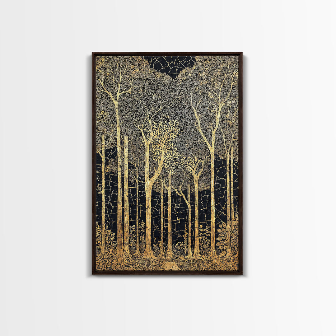 Black And Gold Forest Wall Art, Tall Tree Line Illustration, Abstract Nature Pattern, Elegant Home Decor, Luxury Art Print