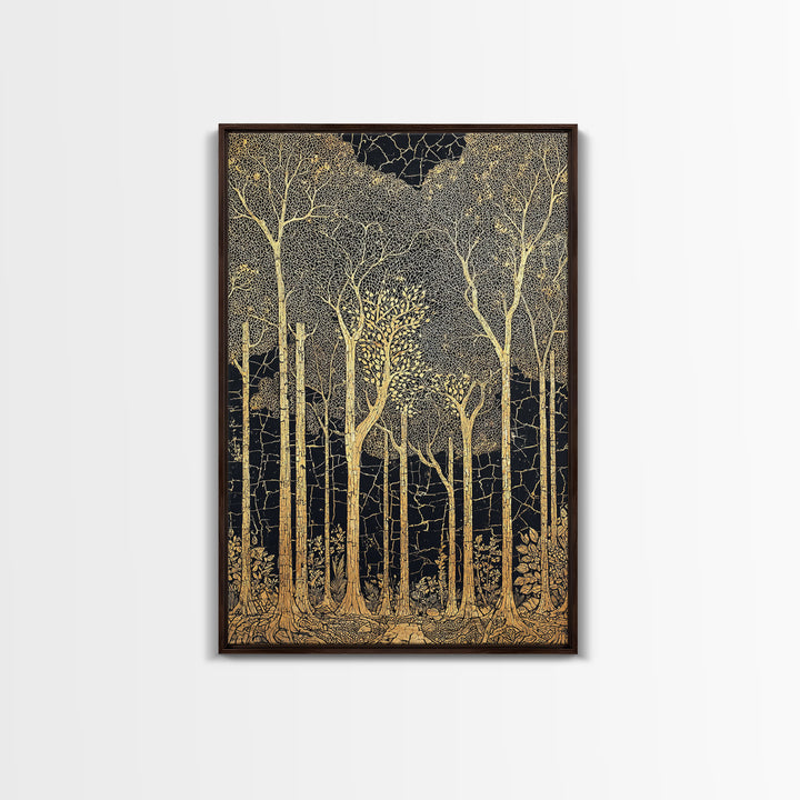 Black And Gold Forest Wall Art, Tall Tree Line Illustration, Abstract Nature Pattern, Elegant Home Decor, Luxury Art Print