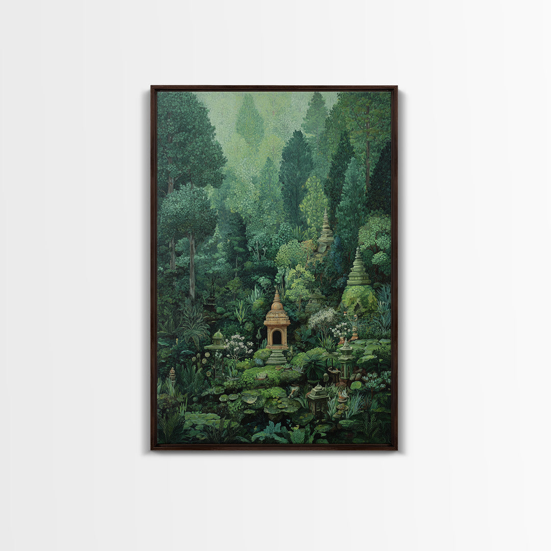 Secret Jungle Temple Garden Canvas Print, Lush Green Botanical Landscape, Spiritual Wall Art, Bohemian Decor Art, Living Room Decor