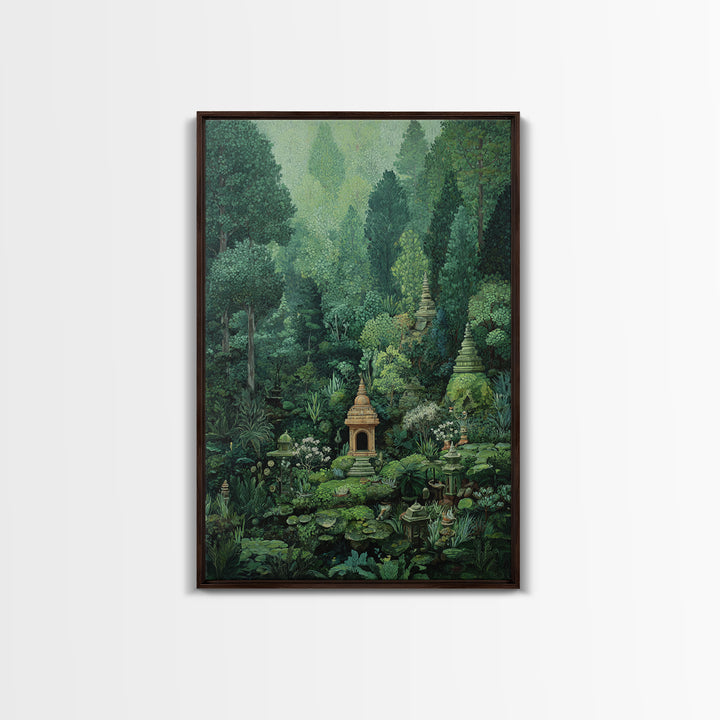 Secret Jungle Temple Garden Canvas Print, Lush Green Botanical Landscape, Spiritual Wall Art, Bohemian Decor Art, Living Room Decor