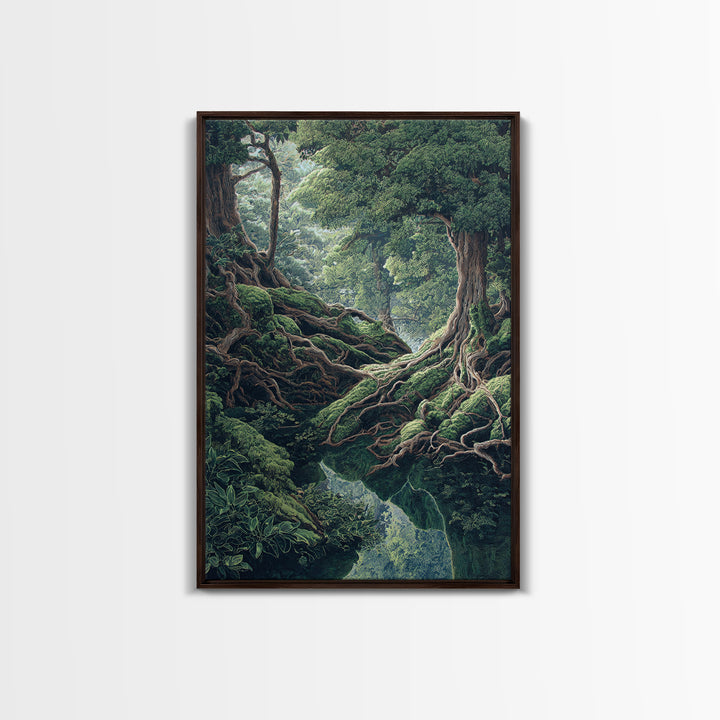 Ancient Forest Roots Wall Art, Mossy Green River Gorge, Mystical Nature Scene Art, Statement Wall Decor, Unique Canvas Print