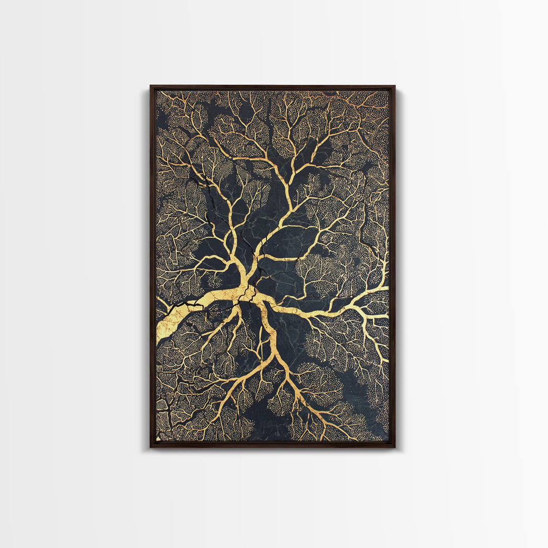 Black And Gold Branching Tree Wall Art, Abstract Root Network, Earth Tone Wall Decor, Luxury Art Print, Modern Canvas Art