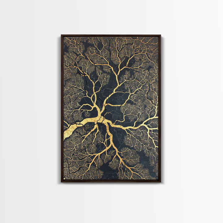 Black And Gold Branching Tree Wall Art, Abstract Root Network, Earth Tone Wall Decor, Luxury Art Print, Modern Canvas Art