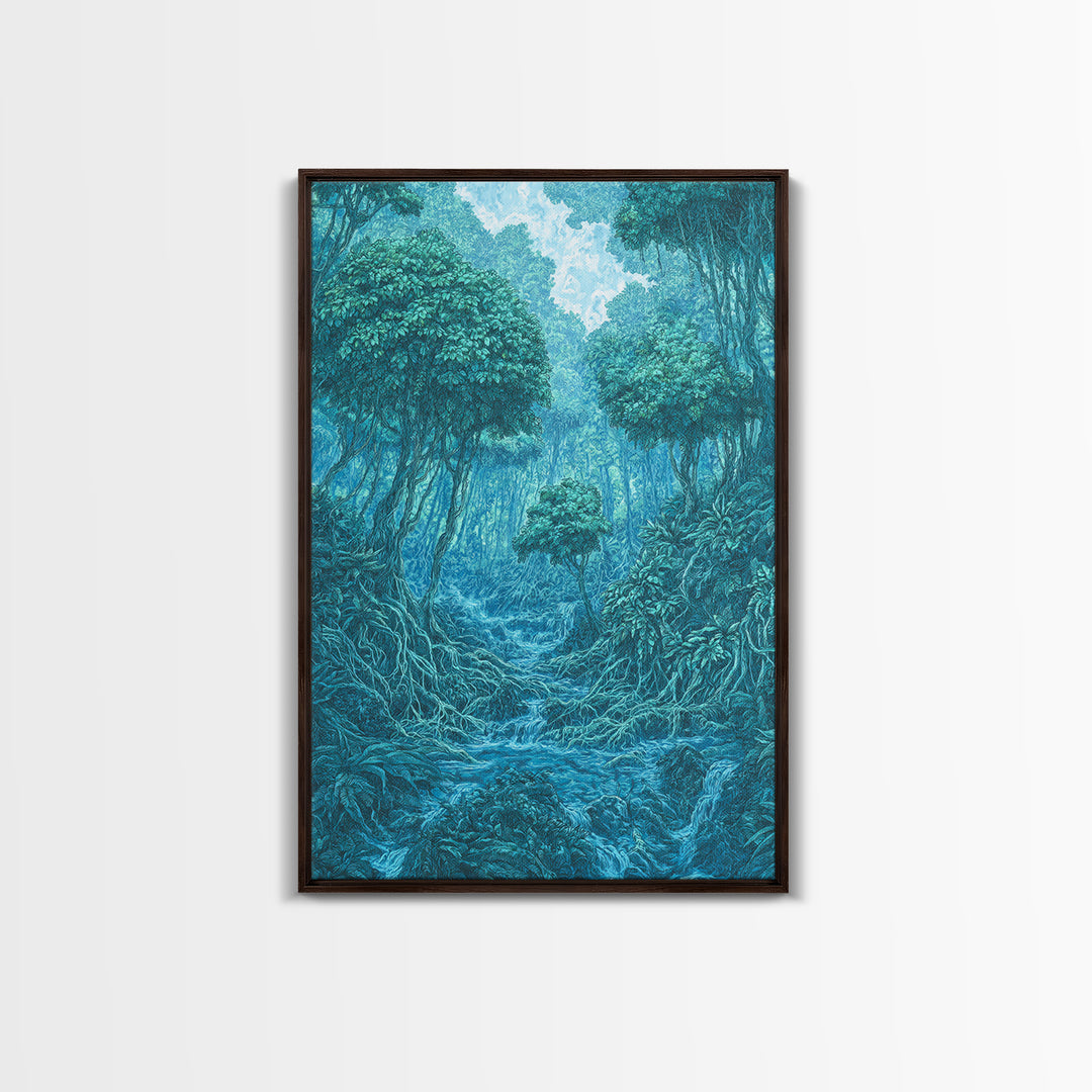 Blue Mystical Rainforest Stream Framed Canvas Print, Dreamy Jungle Wall Art, Teal Nature Scene, Spiritual Wall Decor Gift