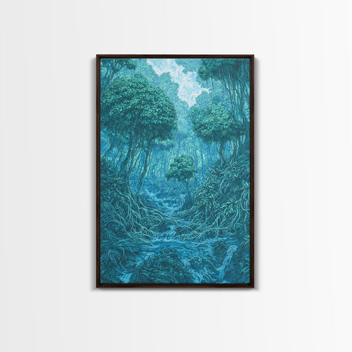 Blue Mystical Rainforest Stream Framed Canvas Print, Dreamy Jungle Wall Art, Teal Nature Scene, Spiritual Wall Decor Gift