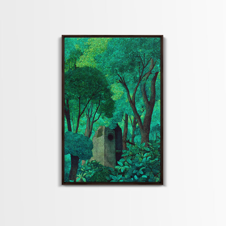 Emerald Forest Shrine With Ancient Stone Door Wall Art, Mystical Jungle Decor, Nature Scene Art, Teal Green Home Decor Gift