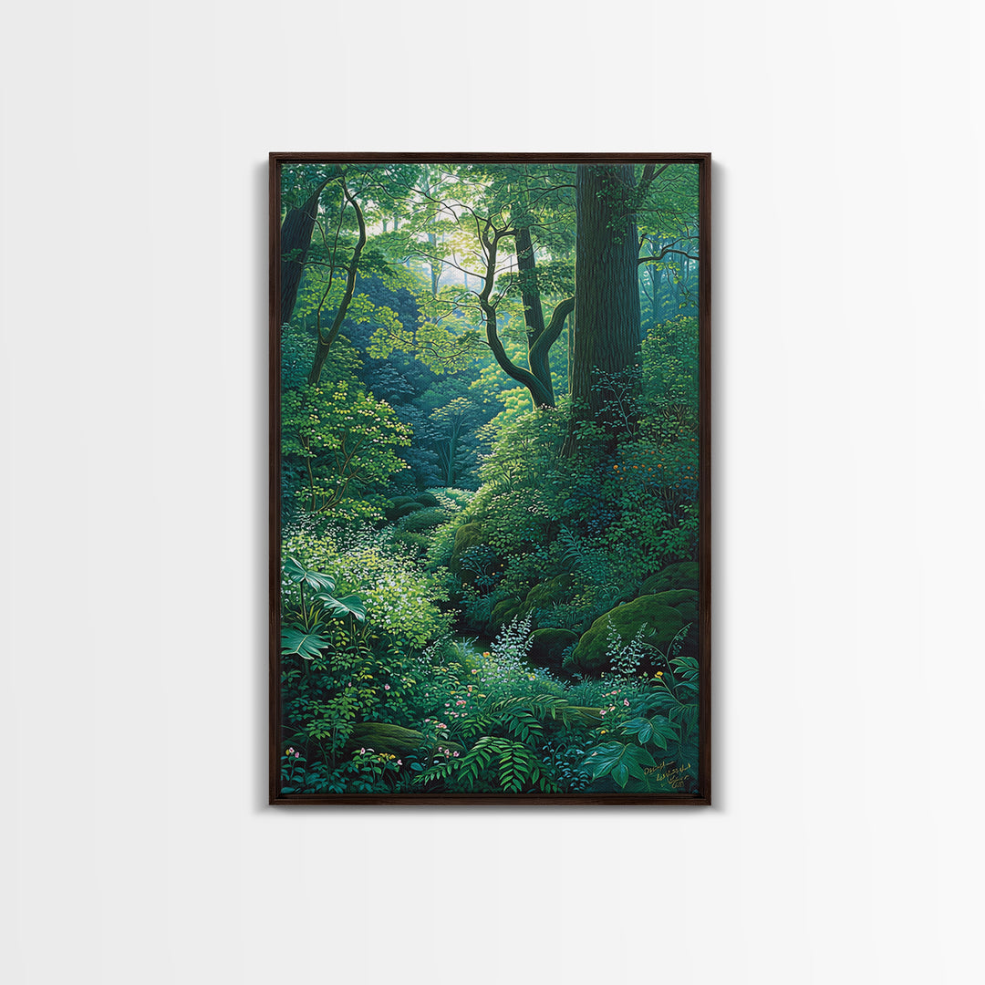 Sunlit Woodland Glade With Ferns Wall Art, Green Nature Scene Art, Dreamy Forest Decor, Botanical Bedroom Wall Decor Gift