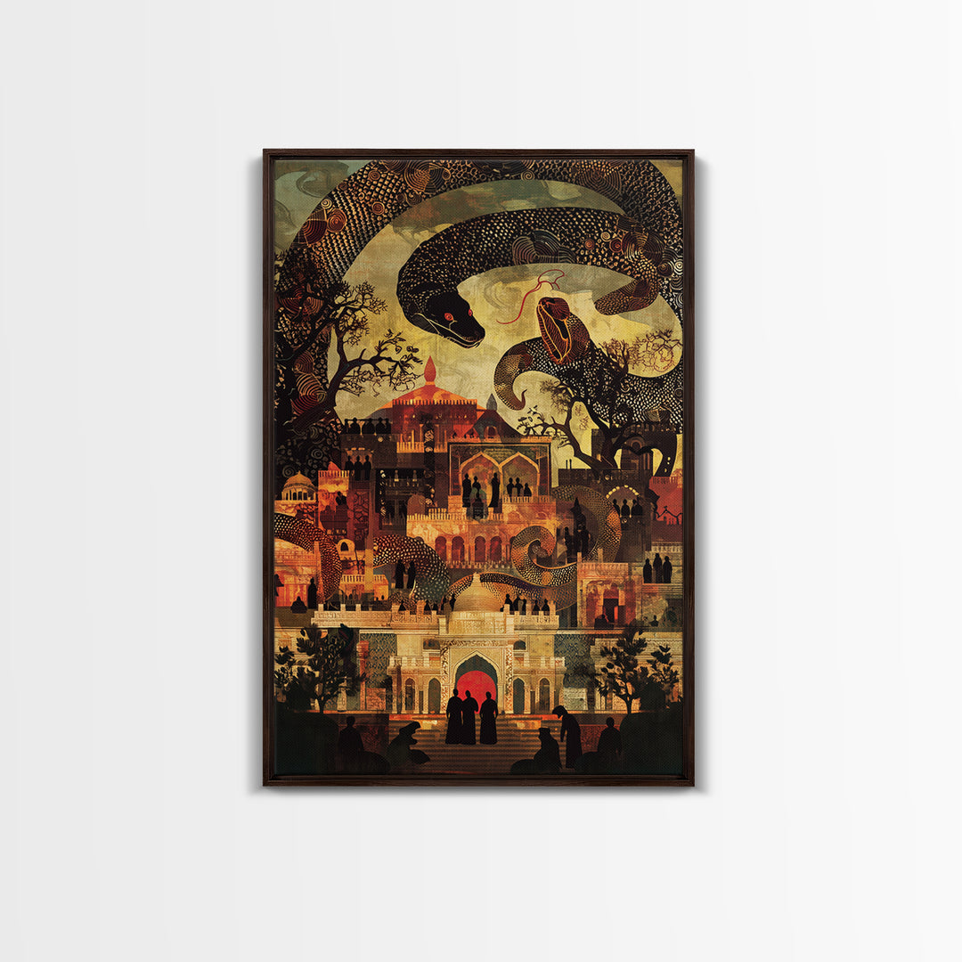 Enchanted Palace With Giant Serpent Wall Art, Mystical Travel Decor, Indian Decor, Fantasy City Canvas Style Art Print Gift