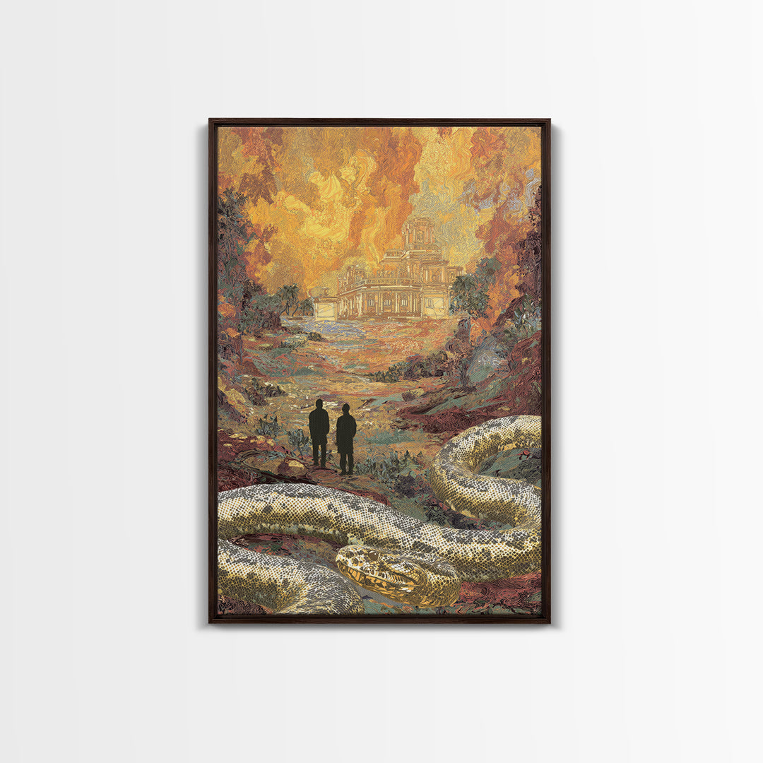 Golden Ruins With Giant Serpent Canvas Print, Surreal Fantasy Landscape Wall Art, Burnt Orange Art, Statement Home Decor Gift