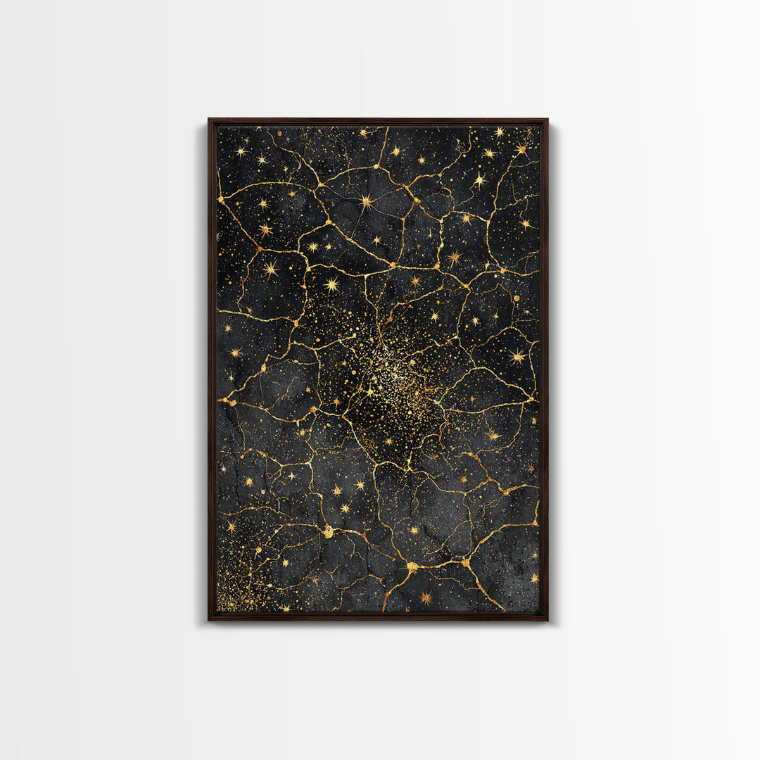 Black Gold Celestial Marble Stars Wall Art, Abstract African Inspired Cosmic Decor, Luxury Canvas Print For Modern Home Decor