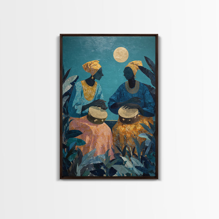 Two African Women Drumming Under Moon Wall Art, Afrocentric Canvas Print, Teal Jungle Decor, Cultural Home Decor Gift For Living Room