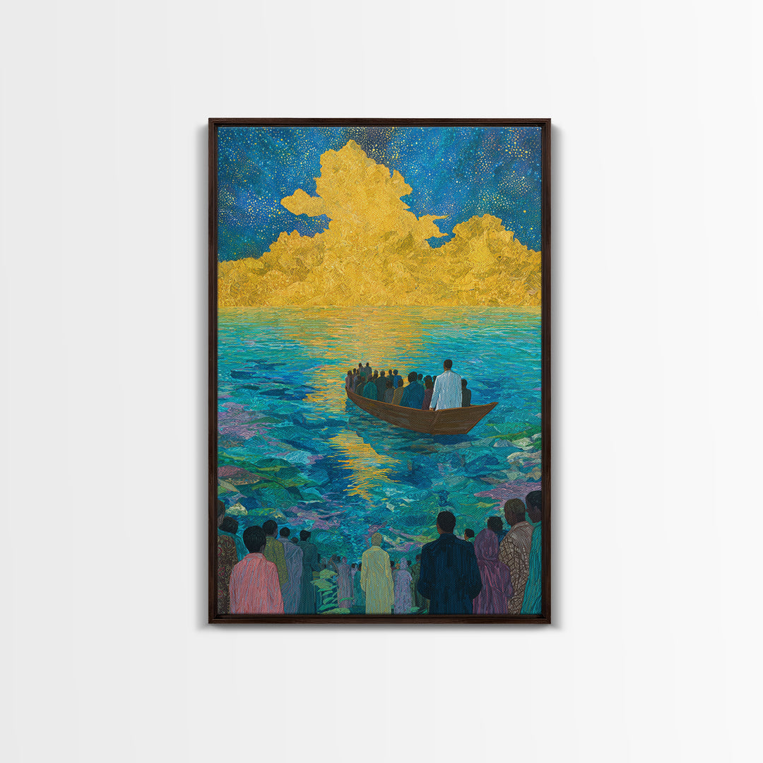 Boat Crossing Turquoise Water To Golden Clouds Wall Art, African Landscape Canvas Print, Spiritual Travel Decor Gift For Home