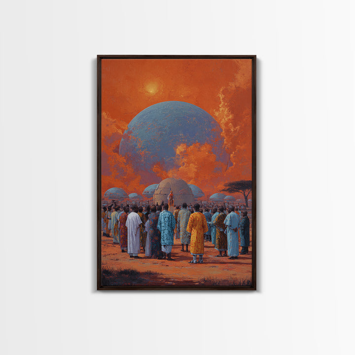 Afrofuturist Gathering Beneath Blue Planet Wall Art, African Culture Canvas Print, Orange Sky Village Home Decor Gift For Her