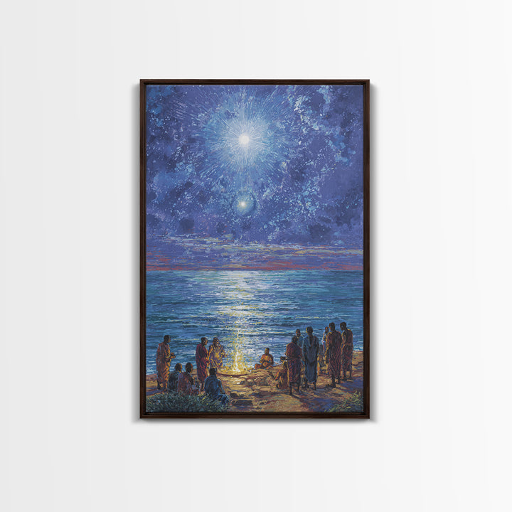 Moonlit Ocean Gathering At Shore Wall Art, African People Canvas Print, Blue Spiritual Nature Scene Decor For Living Room
