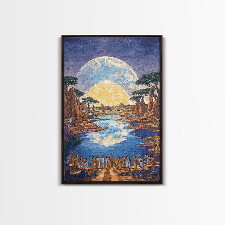 Sacred River Valley With Twin Moons Wall Art, African Landscape Canvas Print, Safari Inspired Cultural Home Decor Gift For Him
