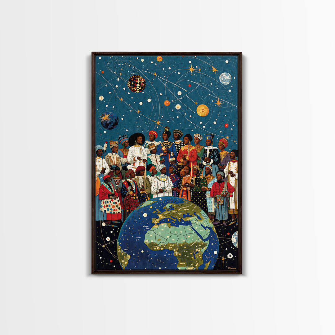 African Diaspora Under Celestial Orbits Wall Art, Afrocentric Canvas Print, Black Culture Artwork And Earth Map Decor Gift