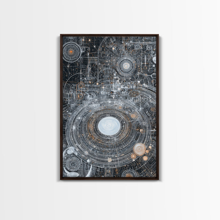 Futuristic Cosmic Circuit Mandala Canvas Print, Abstract Wall Art, Modern Office Decor, Geometric Sci Fi Galaxy Blueprint Digital Art