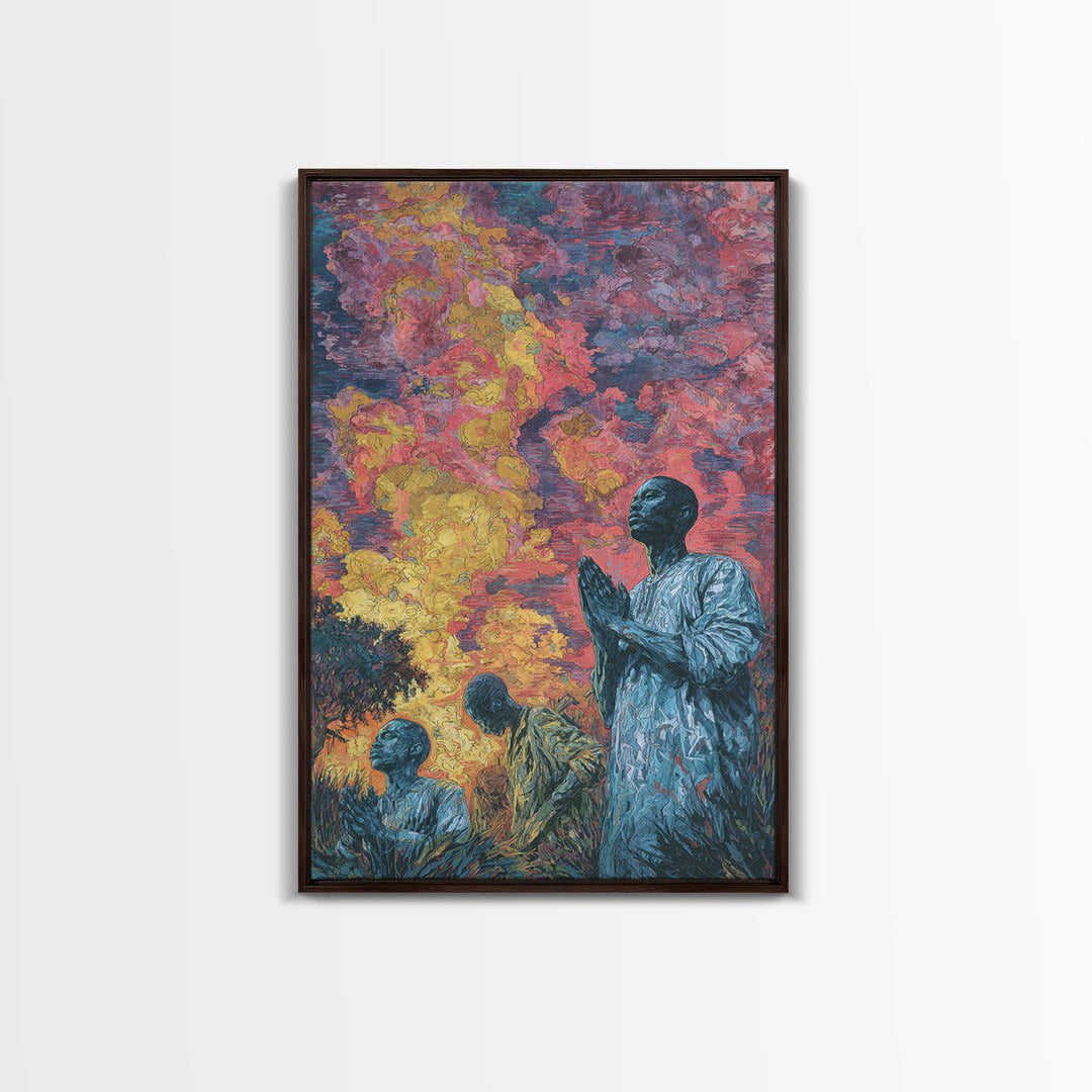 Praying African Men Beneath Fiery Sky Framed Canvas Print, Spiritual Wall Art, Black Culture Art, Meaningful Home Decor Gift