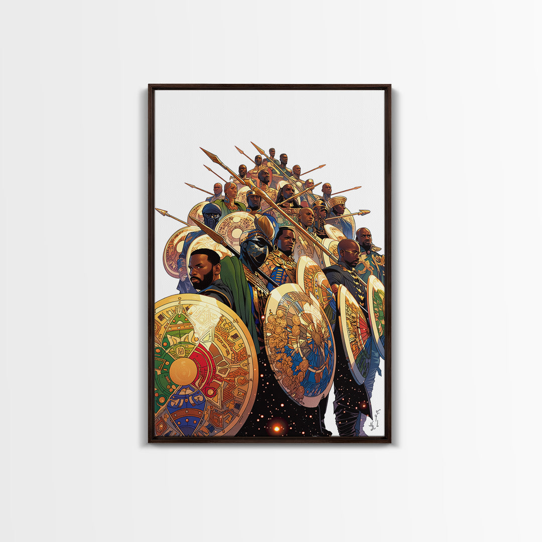 Regal African Warriors With Shields And Spears Canvas Print, African Warrior Art, Tribal Queen Art, Bold Cultural Wall Decor