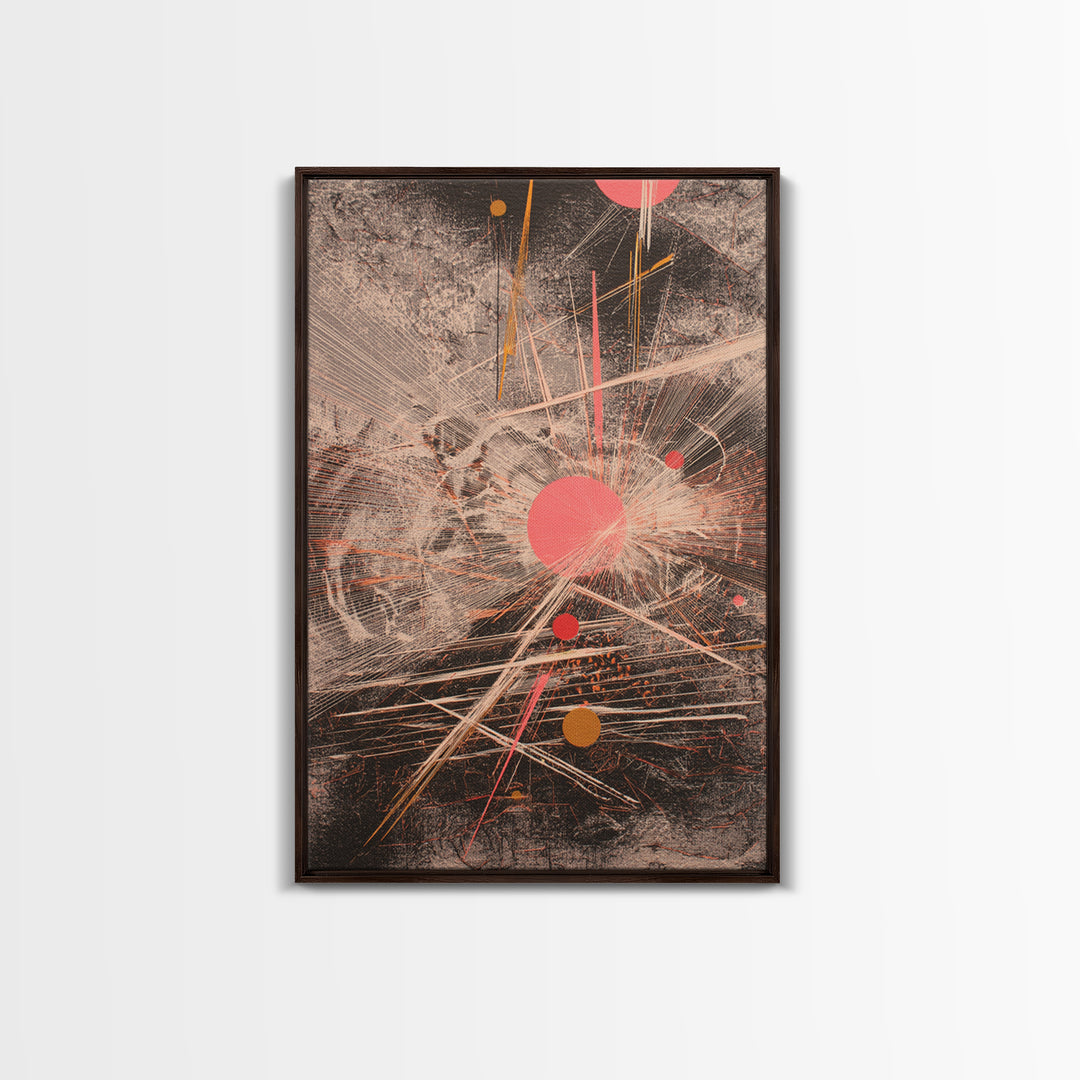 Coral Circles And Fine Lines Abstract Canvas Print, Geometric Wall Art, Modern Office Decor, Minimalist Black Art Gift For Her