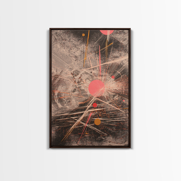 Coral Circles And Fine Lines Abstract Canvas Print, Geometric Wall Art, Modern Office Decor, Minimalist Black Art Gift For Her
