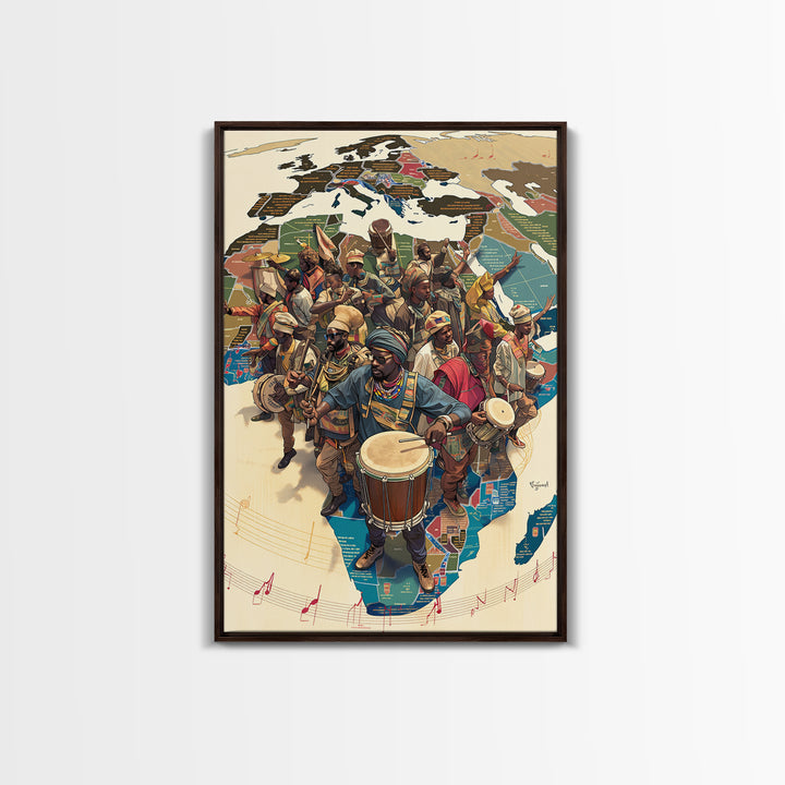 African Musicians Over Motherland Map Framed Canvas Print, African Culture Art, Afrocentric Wall Art, Vibrant Home Decor