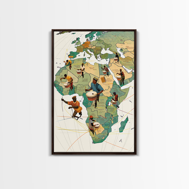 Drummers Across Africa And Europe Map Canvas Print, African Art Prints, Cultural Home Decor, Music Inspired Wall Decor Gift