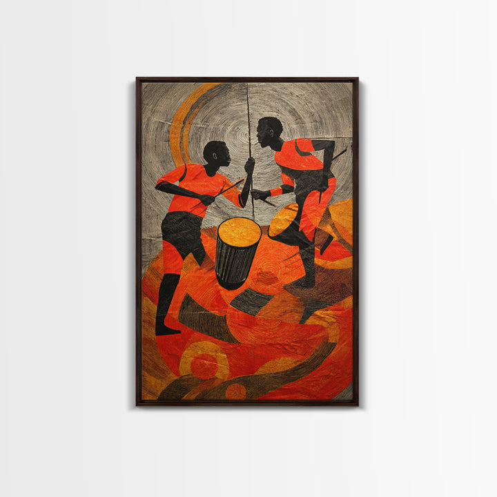 Two African Children Dancing With Drum Wall Art, Colorful African Art Print, Tribal Celebration Decor, Modern Afro Canvas
