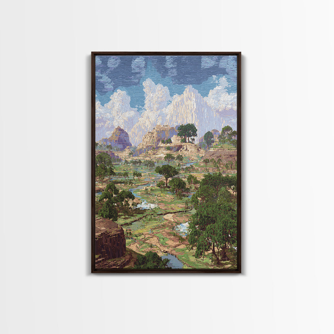 Ancient African Valley With River And Mountains Wall Art, Serengeti Landscape Print, Nature Scene Home Decor, Dreamy Canvas