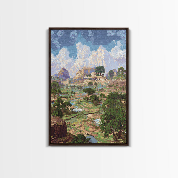Ancient African Valley With River And Mountains Wall Art, Serengeti Landscape Print, Nature Scene Home Decor, Dreamy Canvas