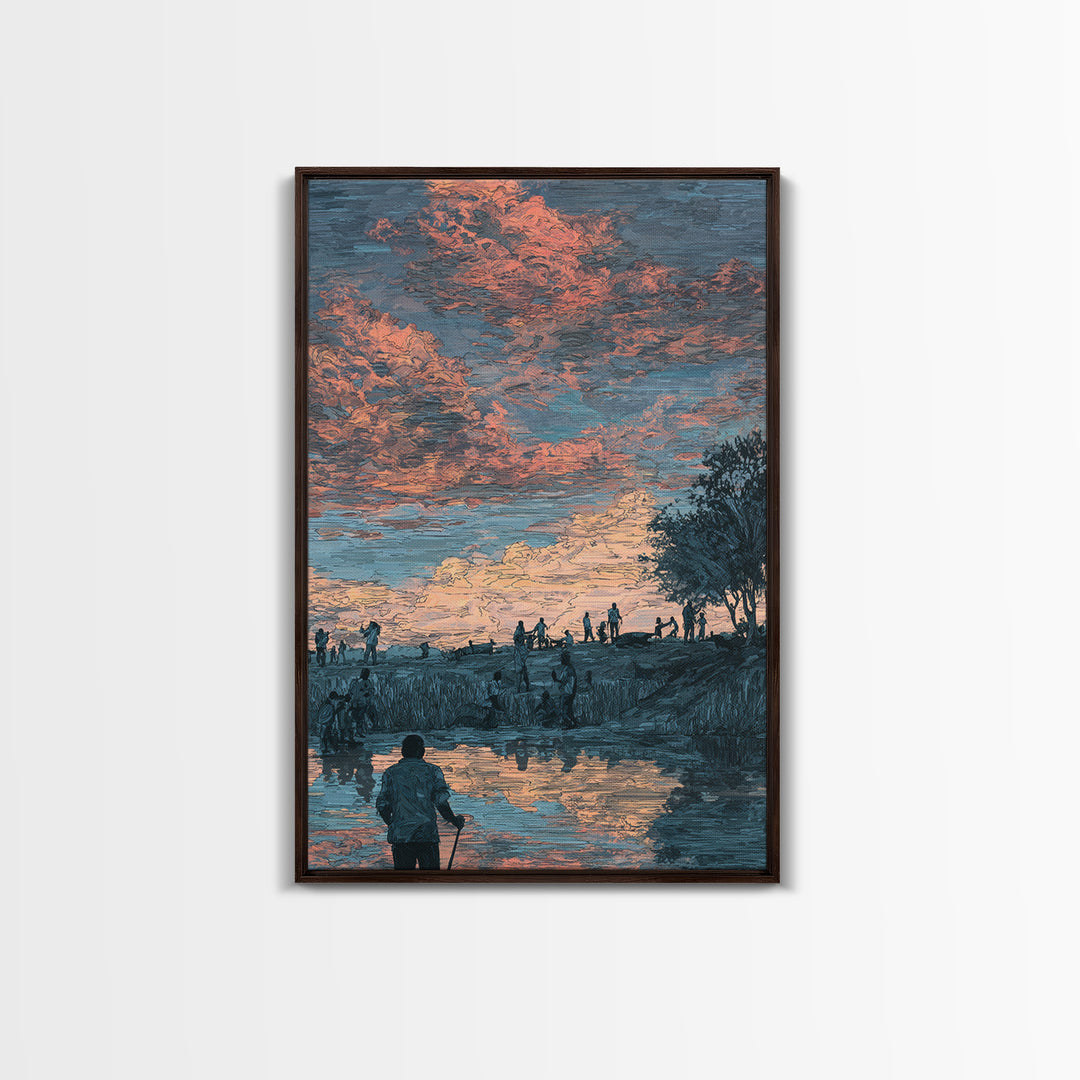 Pastoral African Sunset River Scene Canvas Print, Nature Wall Decor, Cultural Landscape Art, Earth Tone Living Room Decor