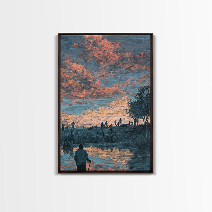 Pastoral African Sunset River Scene Canvas Print, Nature Wall Decor, Cultural Landscape Art, Earth Tone Living Room Decor