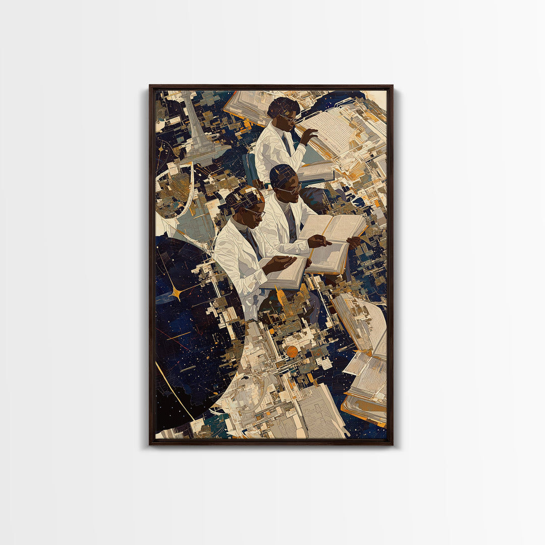 Black African Scholars Reading Floating Books Wall Art, Afrofuturism Decor, Black History Gift, Modern Cultural Canvas Print