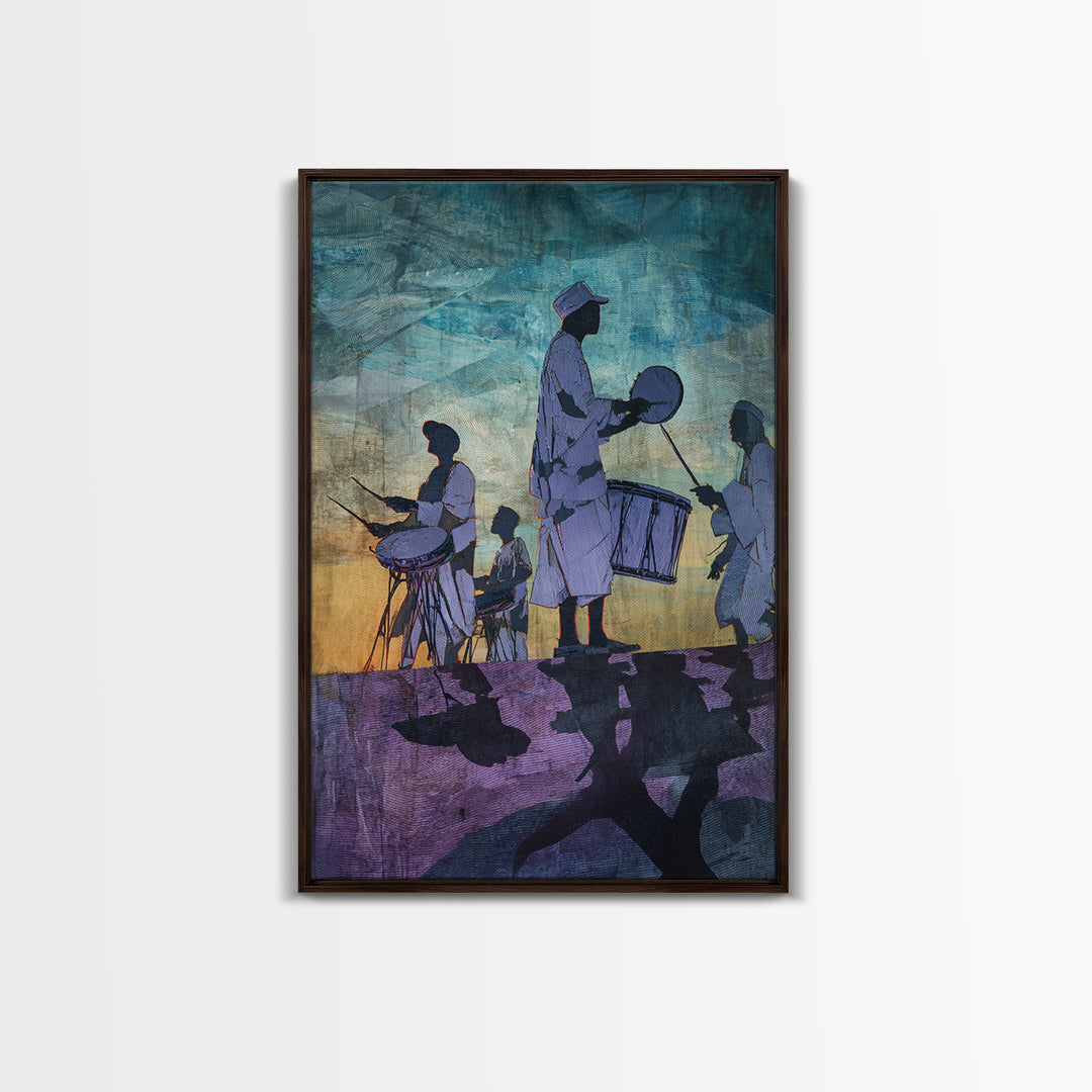 Silhouetted African Drummers At Twilight Framed Canvas Print, Afrocentric Wall Decor, Cultural Music Art, Tribal Home Decor