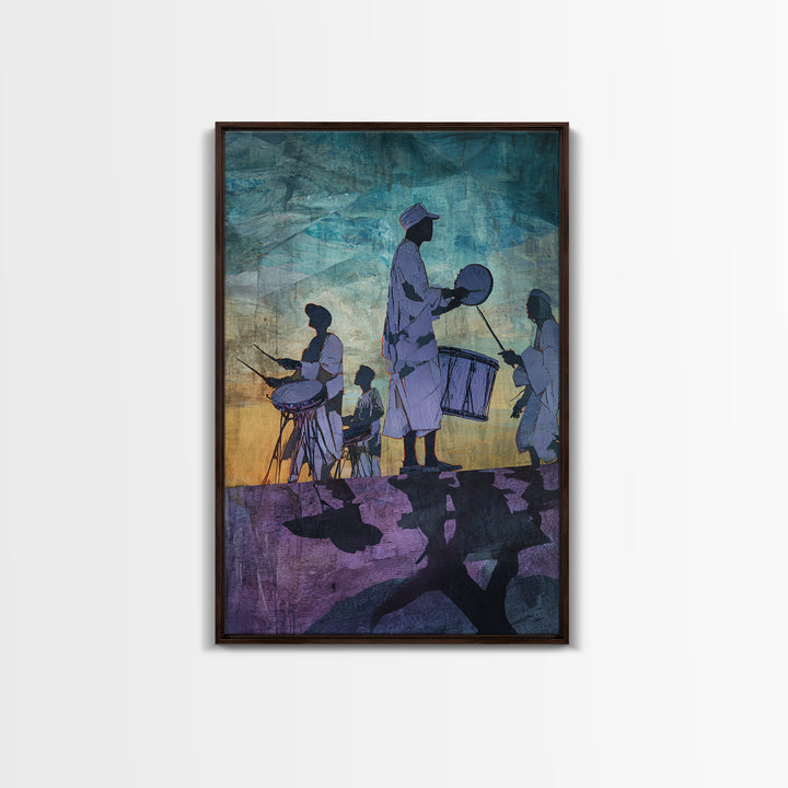 Silhouetted African Drummers At Twilight Framed Canvas Print, Afrocentric Wall Decor, Cultural Music Art, Tribal Home Decor