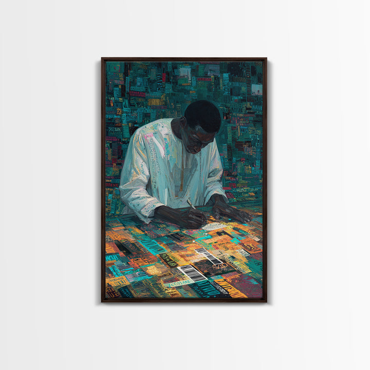 Focused Writer At Colorful Desk Framed Canvas Print, Black Man Wall Art, African American Art, Office Decor, Creative Gift