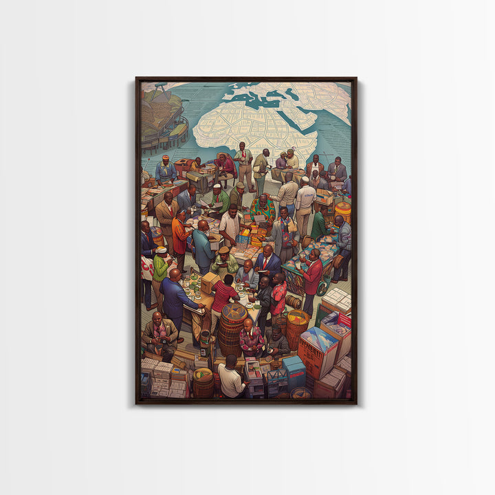 Busy African Market Scene With Map Wall Art, African Culture Art, West African Art, Black People Art, Living Room Decor, Gift