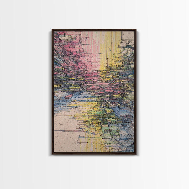 Futuristic Abstract City Canyon Framed Canvas Print, Modern Urban Wall Art, Geometric Architecture, Colorful Office Decor