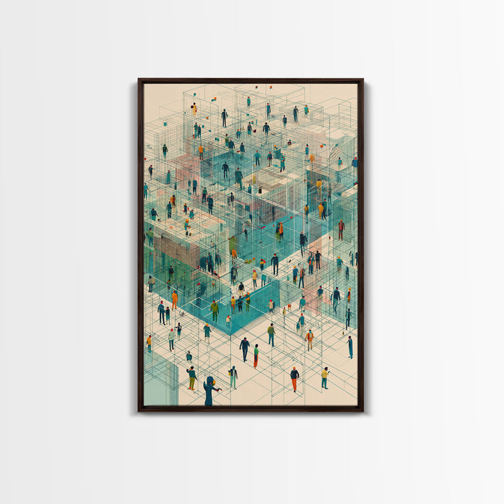 Isometric People In Wireframe City Wall Art, Modern Geometric Canvas Print, Abstract Urban Network, Unique Office Decor, Tech Inspired