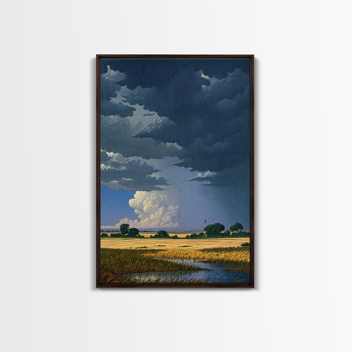 Dark Storm Clouds Over Golden Field Wall Art, African Landscape Canvas Print, Moody Nature Scene, Rustic Living Room Decor
